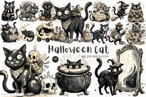 Halloween Black Cat Clipart Gráfico Ilustraciones IA Por Markicha Art