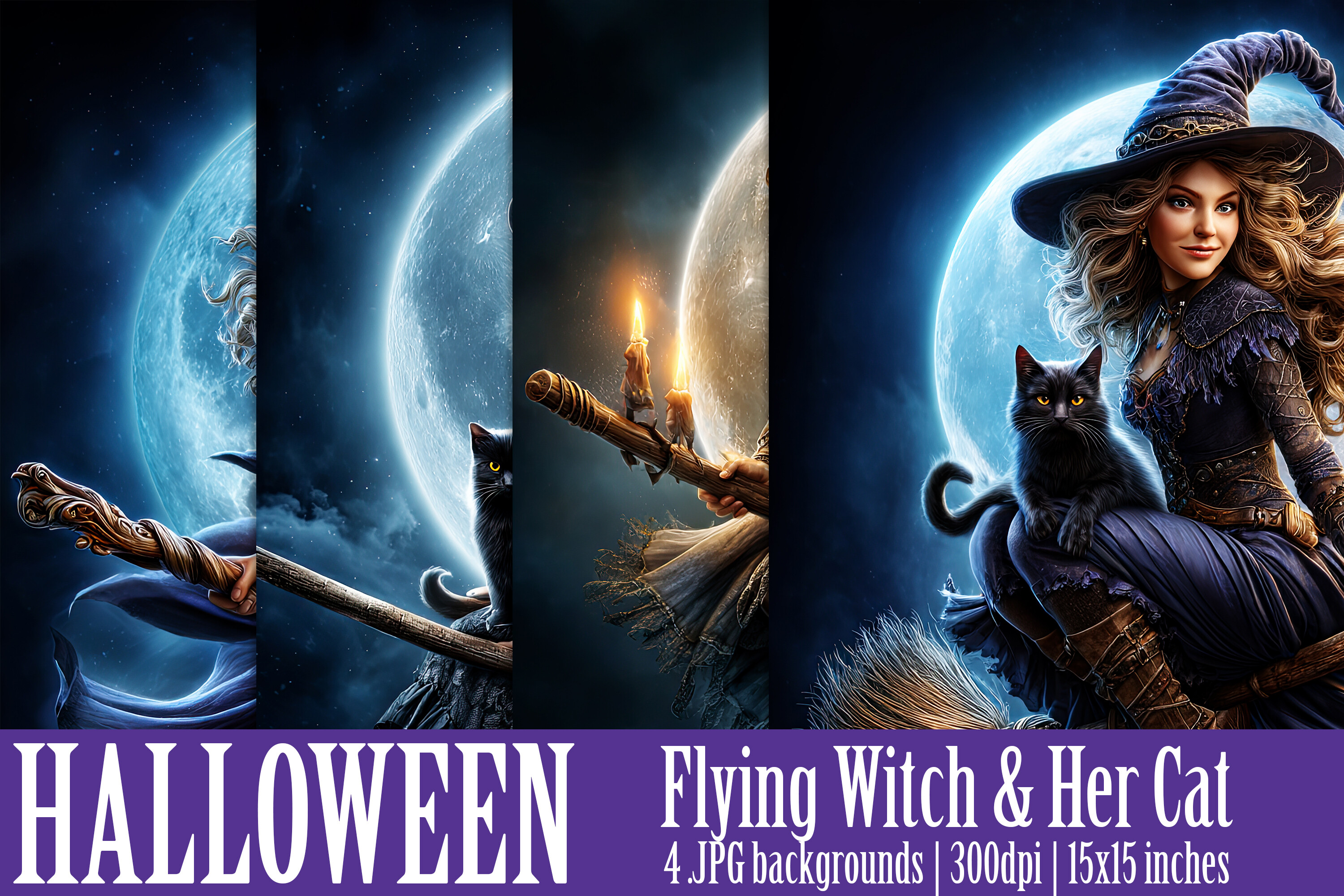 Halloween Flying Witch Cat Backgrounds 1 Graphic by Designing with