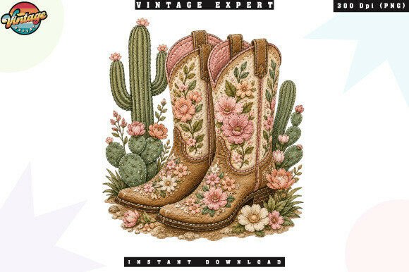 Vintage Cowgirl Floral Patchwork PNG