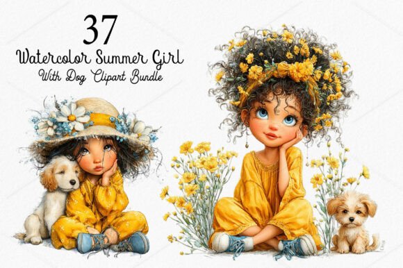 Watercolor Summer Girl with Dog Clipart
