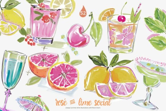 Preppy Cocktail Watercolor Clipart Set Graphic Illustrations By Patishop Art