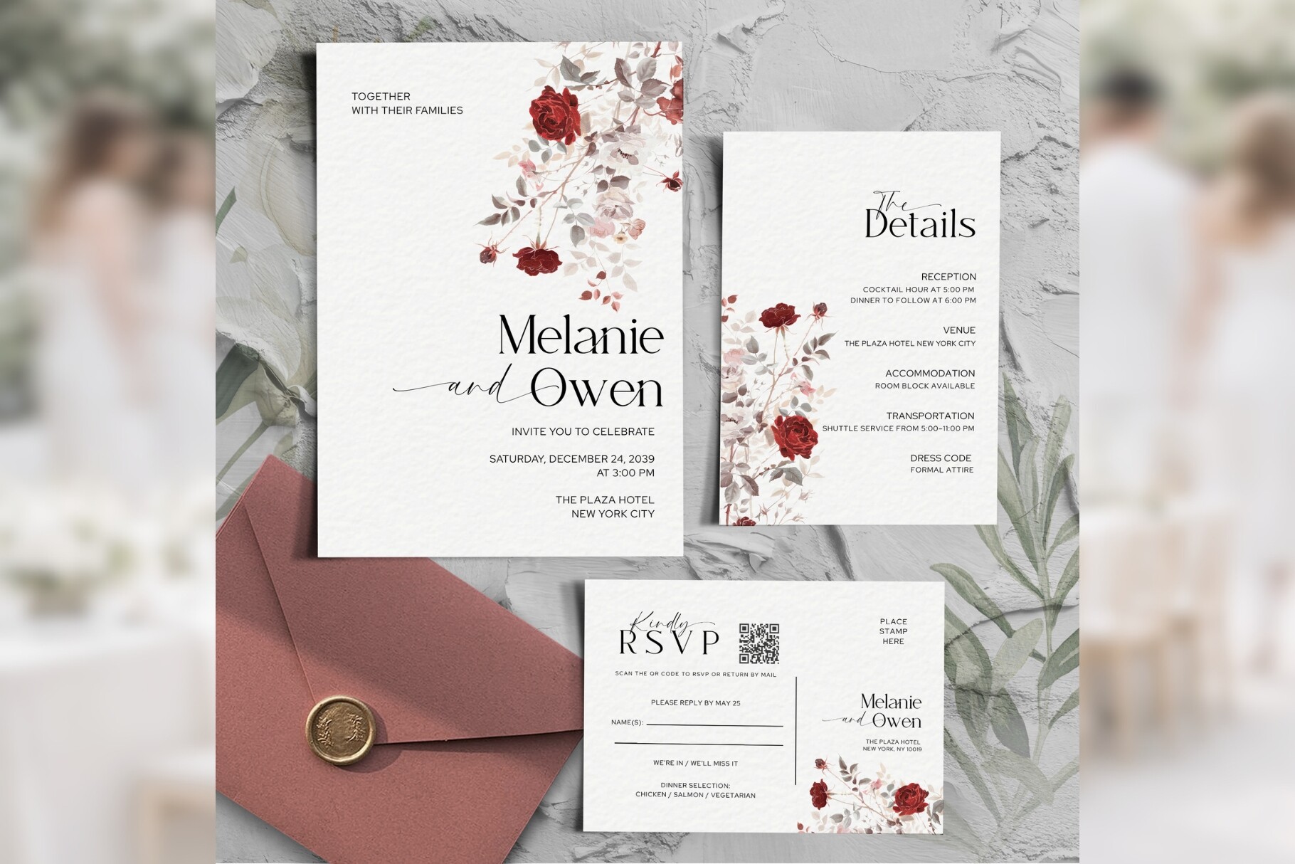 Burgundy Rose Invitation Suite Bd013
