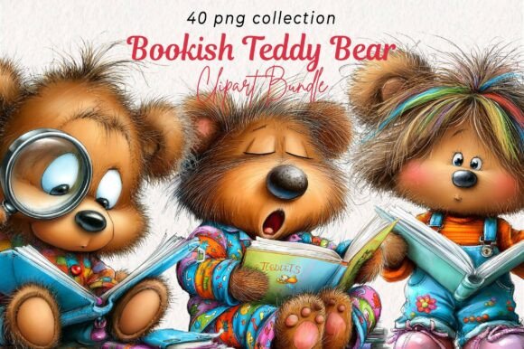 Cute Bookish Teddy Bear Clipart Grafik Druckbare Illustrationen Von Print Magic