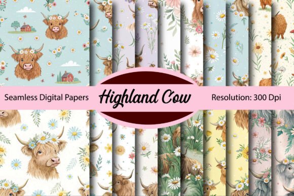 Highland Cow & Daisies Digital Paper Graphic Patterns By Colourful