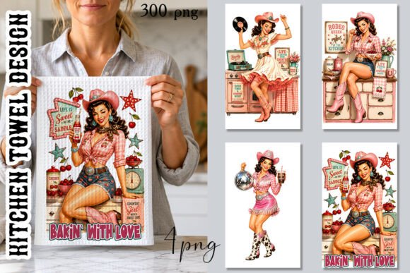 Pink Cowgirl Kitchen Towel PNG Graphic AI Illustrations By ElenaZlataArt