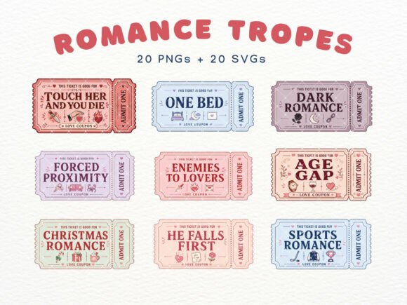Romance Trope Ticket Cliparts, Bookish Grafik Druckbare Illustrationen Von CozyNest Studio