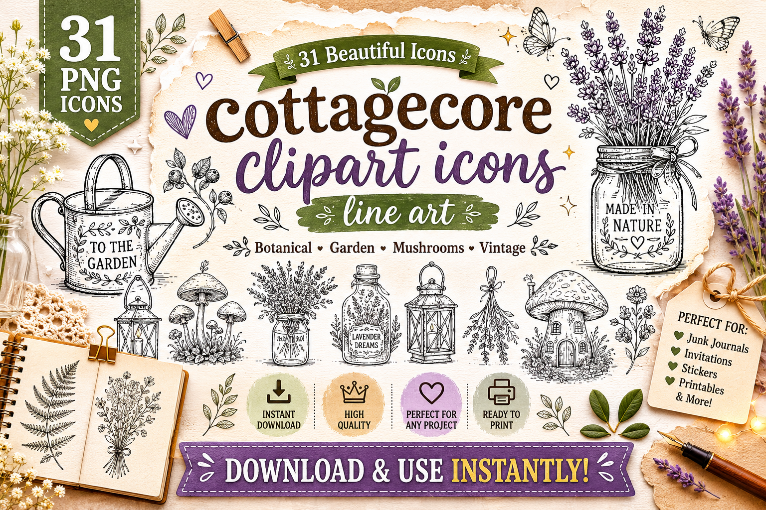 Rustic Cottagecore Line Art Icons PNG