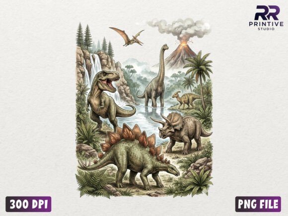 Vintage Dinosaur Landscape PNG Graphic AI Illustrations By RR Printive Studio