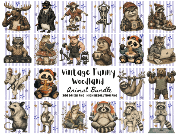 Preview of Vintage Funny Woodland Animal PNG Bundle T-shirt, sticker, and sublimation design