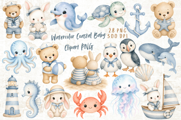 Watercolor Coastal Baby Clipart PNG Gráfico Ilustraciones Imprimibles Por Yassou Bouhad