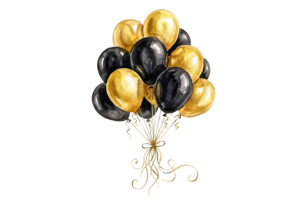 Watercolor Balloons, Mix Black and Gold