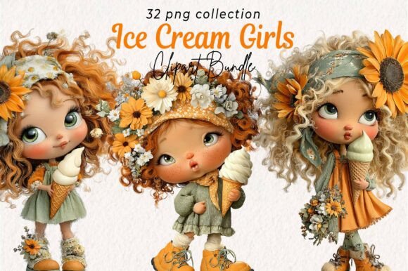 Whimsical Summer Ice Cream Girls Clipart Graphic Illustrations By Print Magic