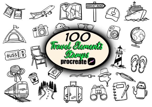 100 Travel Elements Stamps for Procreate Graphic Brushes By Viktoria Scsoka