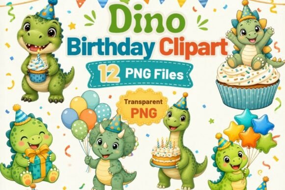 Dino Birthday Clipart PNG, 12 Cute Dinos