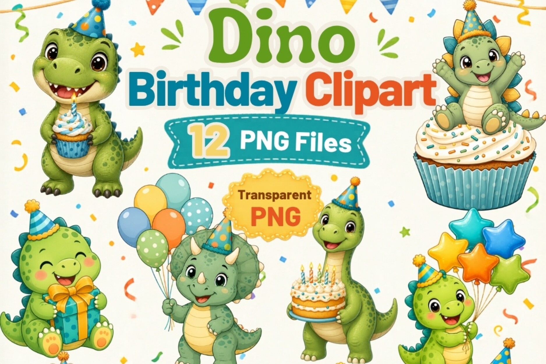 Dino Birthday Clipart PNG, 12 Cute Dinos