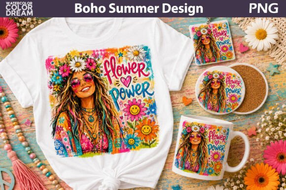 Flower Power Hippie Girl Art Graphic AI Graphics By WatercolorColorDream
