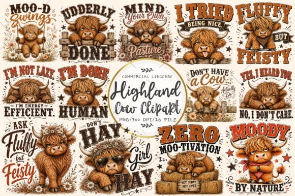 Funny Highland Cow Clipart Bundle Gráfico Ilustrações em IA Por RevolutionCraft