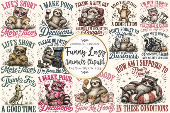 Funny Lazy Animals Clipart Bundle Gráfico Ilustraciones IA Por RevolutionCraft