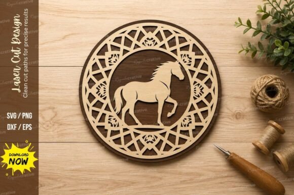 Geometric Horse Circle Laser Cut SVG Corte a Laser Por Regulrcrative