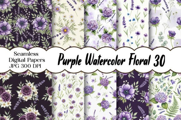Purple Watercolor Floral Digital Paper Grafika Papierowe Wzory Przez Designstock