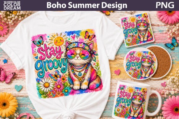 Stay Groovy Cat Art Graphic AI Graphics By WatercolorColorDream