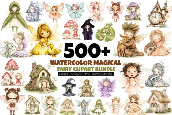 Watercolor Magical Fairy Clipart PNG Gráfico Gráficos IA Por Artify Hub Studio