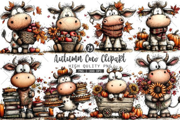 Whimsical Autumn Cow Clipart Bundle Graphic AI Illustrations By RevolutionCraft