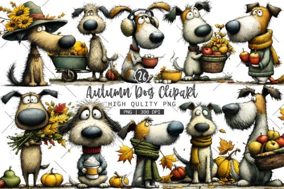 Whimsical Autumn Dog Clipart Bundle Graphic AI Illustrations By RevolutionCraft