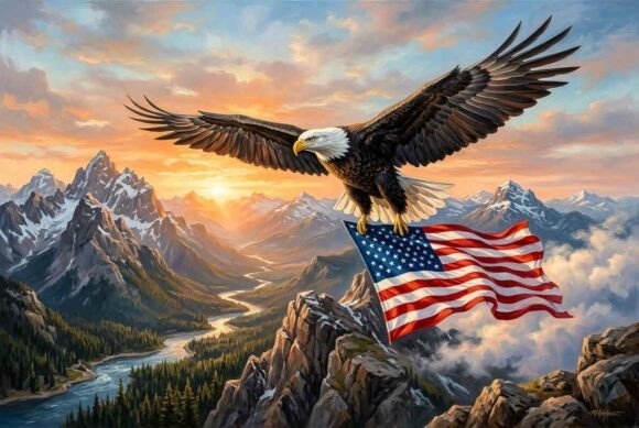 Flying Bald Eagle on American Flag Grafik Druckbare Illustrationen Von VetalStock