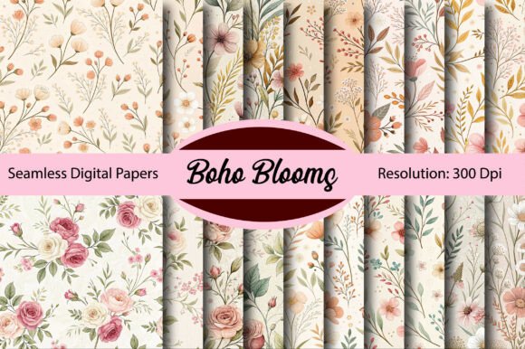 Boho Blooms Seamless Digital Paper Graphic Patterns By Colourful