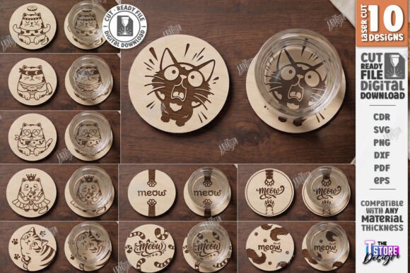 Cat Coasters Laser Cut Bundle | Paw SVG Laser Cutting By The T Store Design