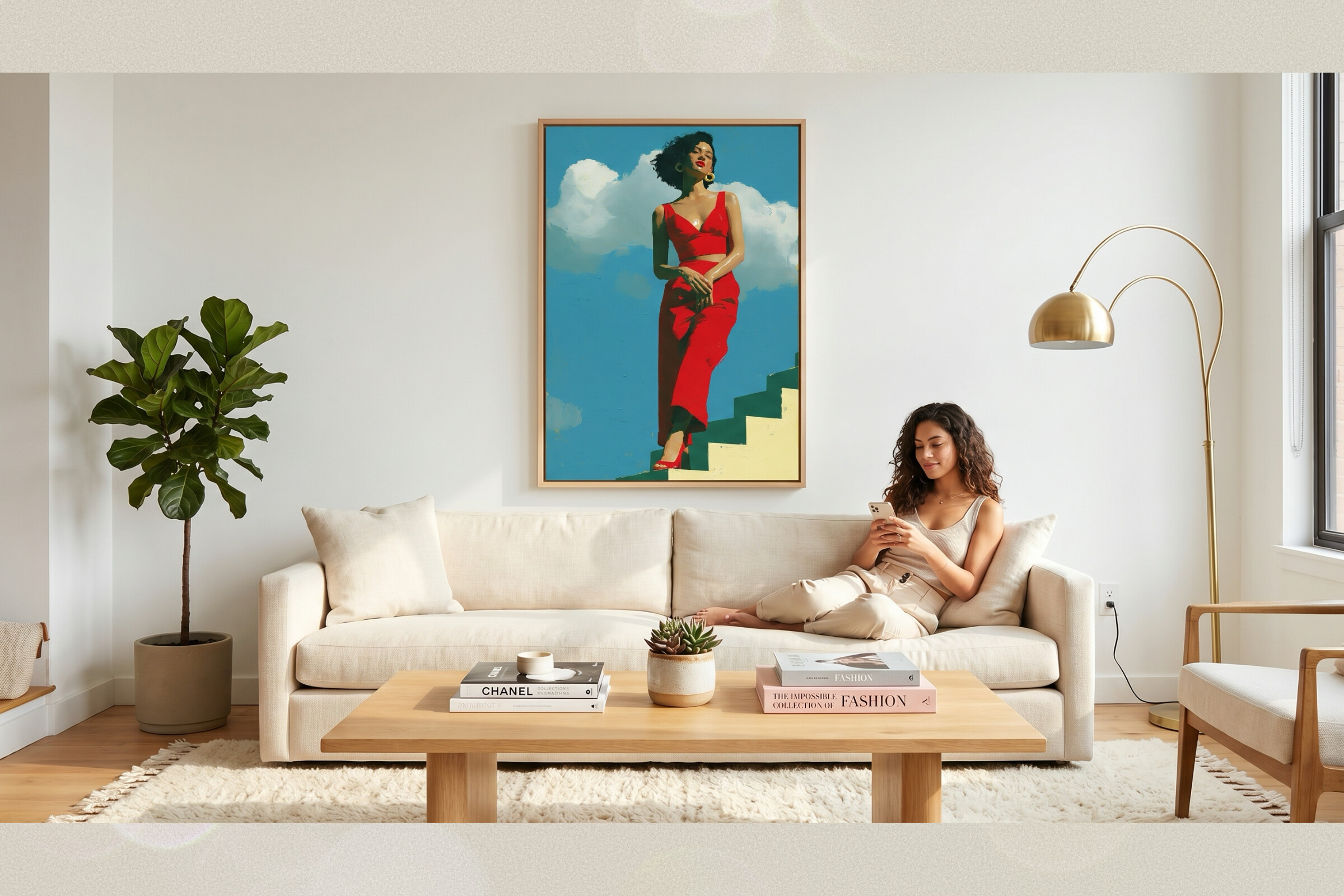 Chic Woman in Red Jumpsuit Impasto Art