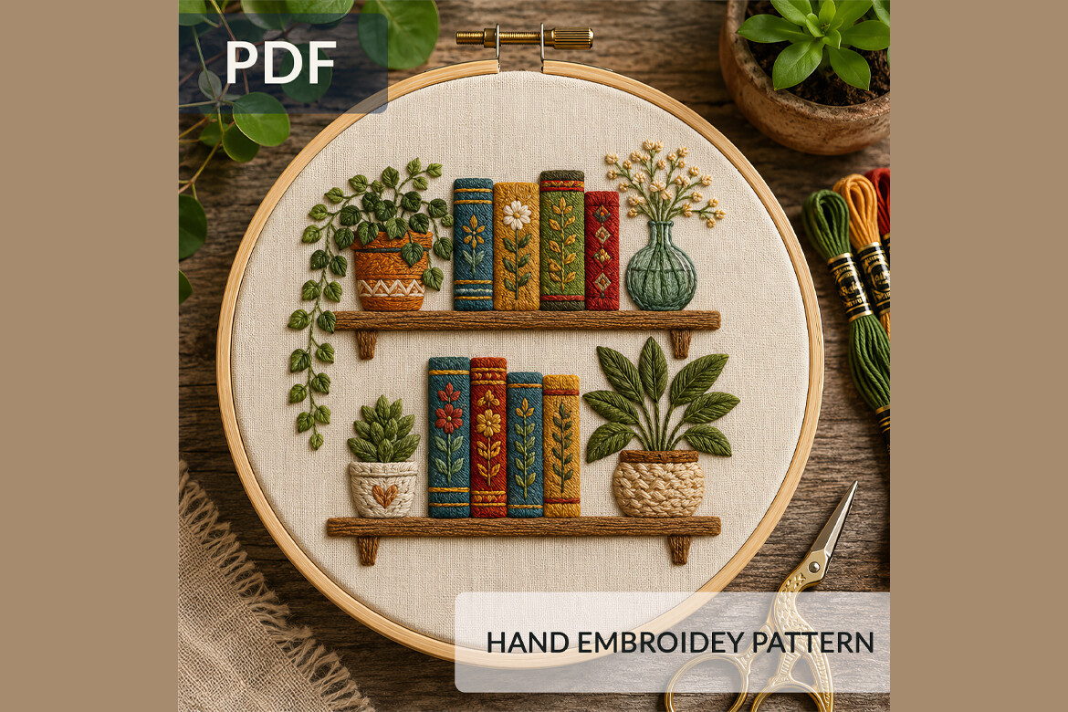 Cozy Bookshelf Hand Embroidery Pattern Graphic by Olya.Creative ...