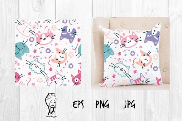 Cute Cat Seamless Pattern with Funny kawaii cat svg