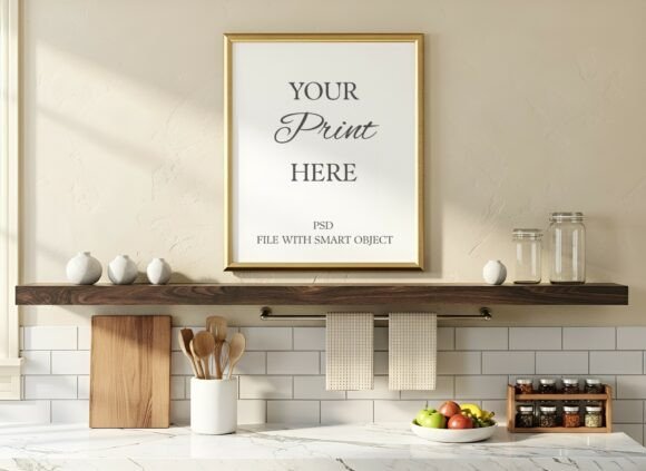 Gold Frame Mockup Kitchen PSD