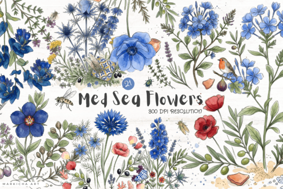 Mediterranean Summer Flowers Clipart Graphic AI Illustrations By Markicha Art
