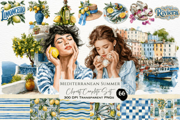 Mediterranean Summer Watercolor Clipart Graphic Illustrations By Whimsy Bloom Co.