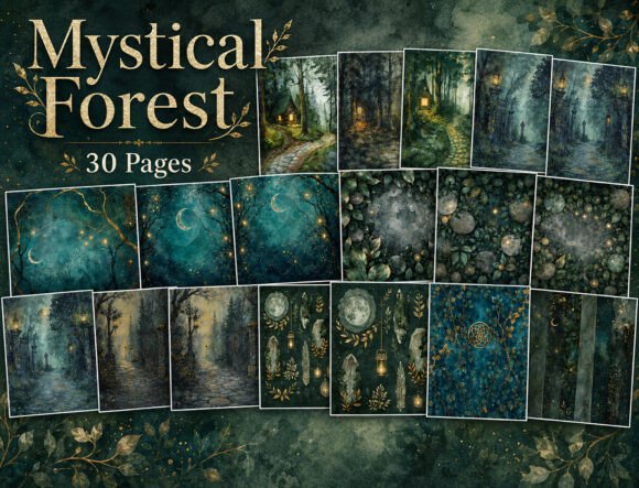Mystic Dark Forest Watercolor Background