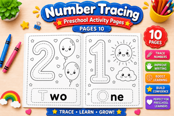 Preview of Number Tracing Preschool Activity Pages coloring pages for kids