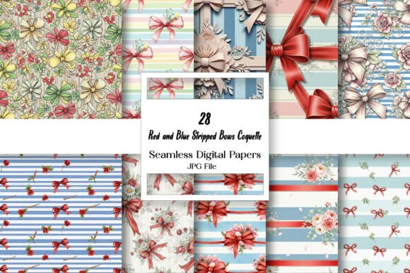 Red and Blue Stripped Bows Coquette Graphic Patterns By Vintage