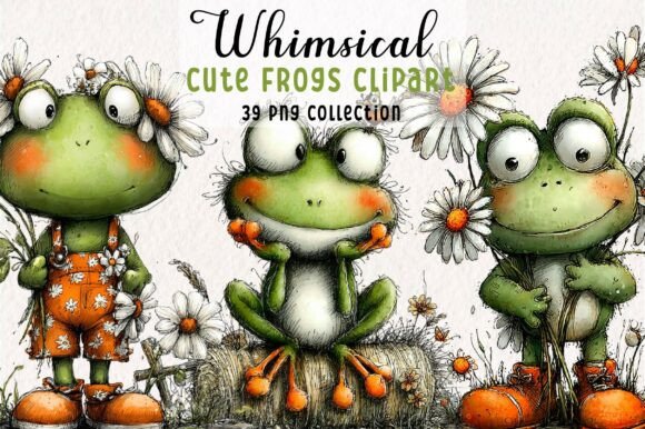 Whimsical Frogs Clipart PNG Bundle Gráfico Ilustrações para Impressão Por Print Magic