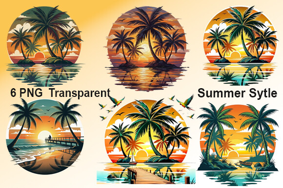 6 PNG Vintage Palm Tree Sunset Graphic by YA design · Creative Fabrica