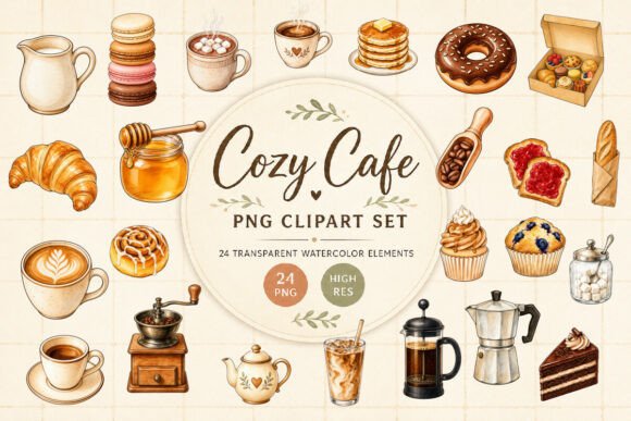 Cozy Cafe Clipart PNG, Watercolor Coffee Grafika Ilustracje do Druku Przez DesignVectx