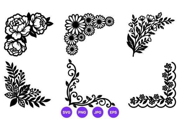 Floral Corner Ornaments Black White Graphic Crafts By DesignVectx