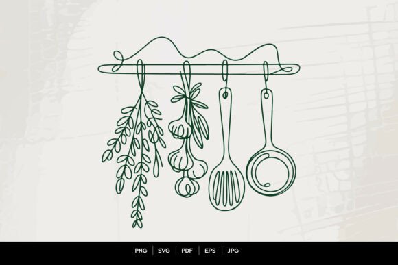 Herbs and Kitchen Utensils Line Art Vect