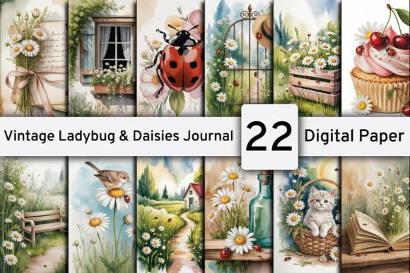 Vintage Ladybug & Daisies Junk Journal Graphic Backgrounds By design studio3