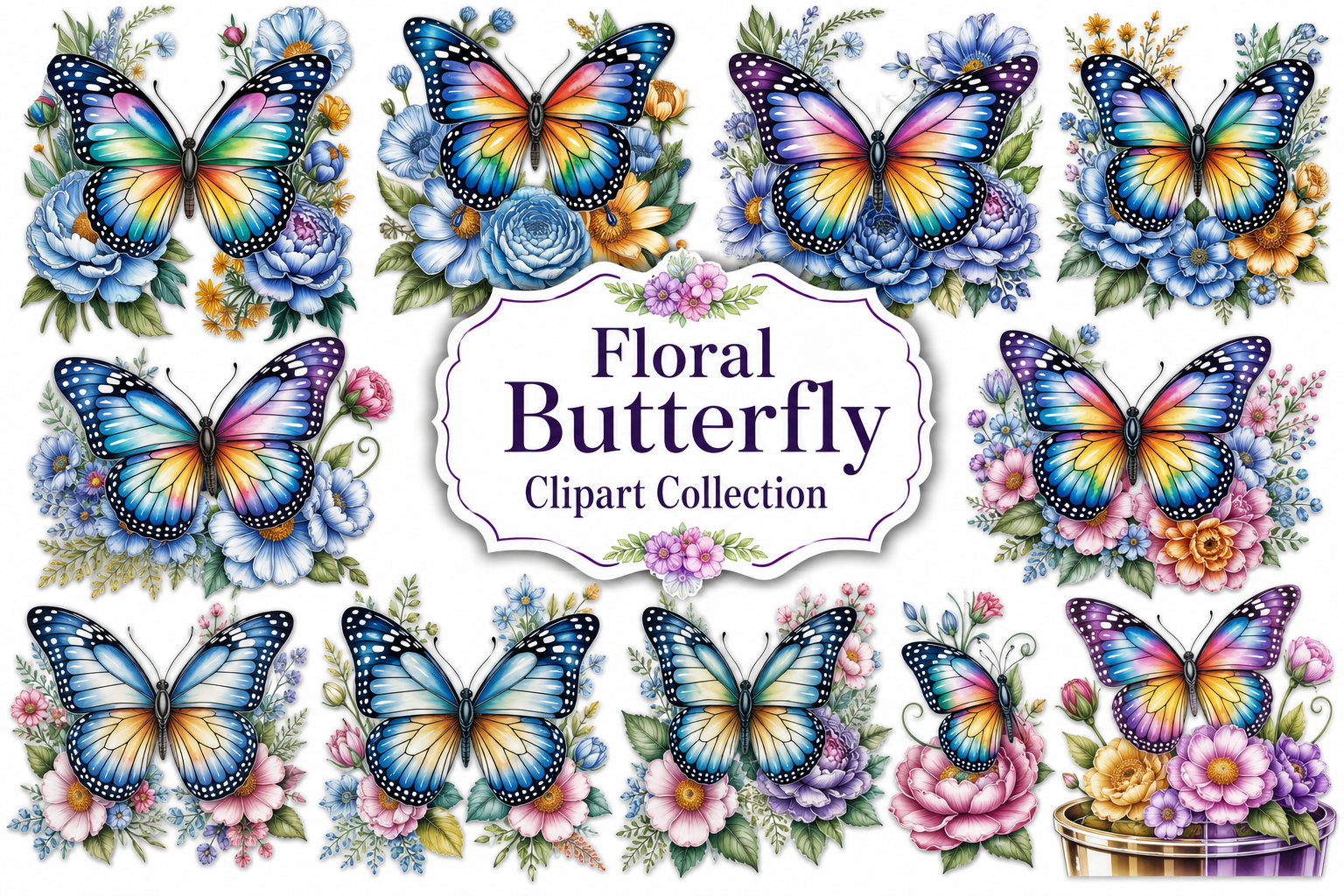 Watercolor Butterfly Flowers PNG Bundle Graphic by Creative Studio 55 ...
