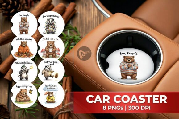 Watercolor Grumpy Animal Car Coaster