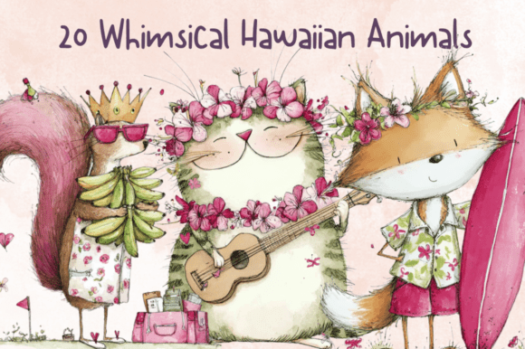Whimsical Hawaiian Animals Clipart Set Afbeelding AI Illustraties Door giraffecreativestudio