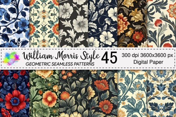 William Morris Style Seamless Patterns Grafika Wzory AI Przez Lazy Panda